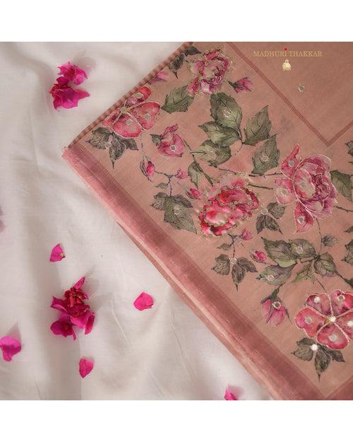 Mauve Tussar Saree With Handwork Floral Border