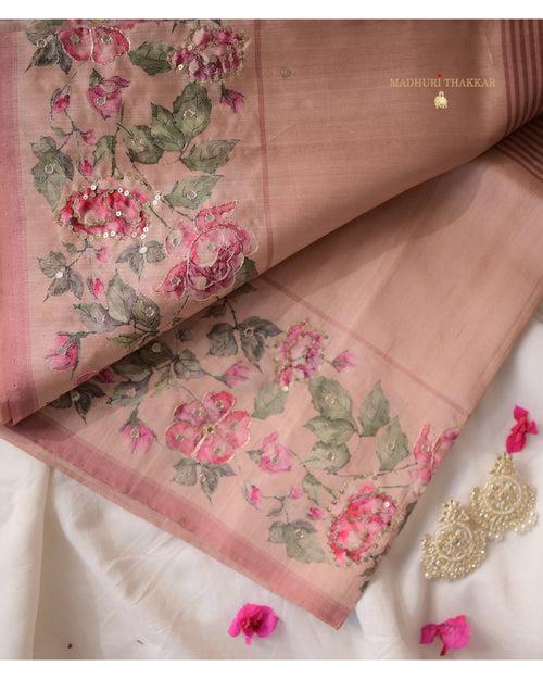 Mauve Tussar Saree With Handwork Floral Border