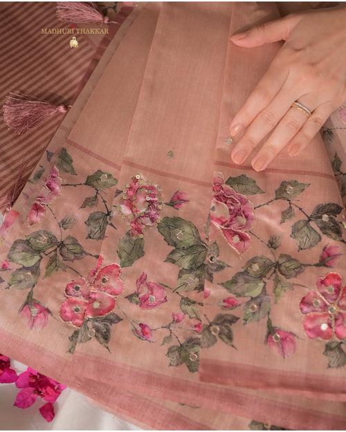 Mauve Tussar Saree With Handwork Floral Border