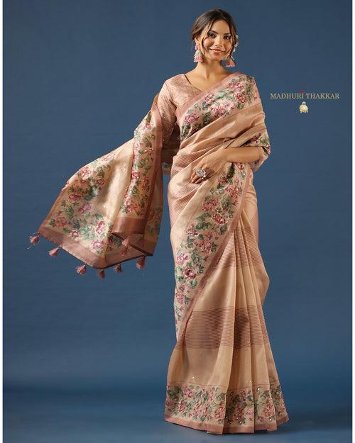 Mauve Tussar Saree With Handwork Floral Border