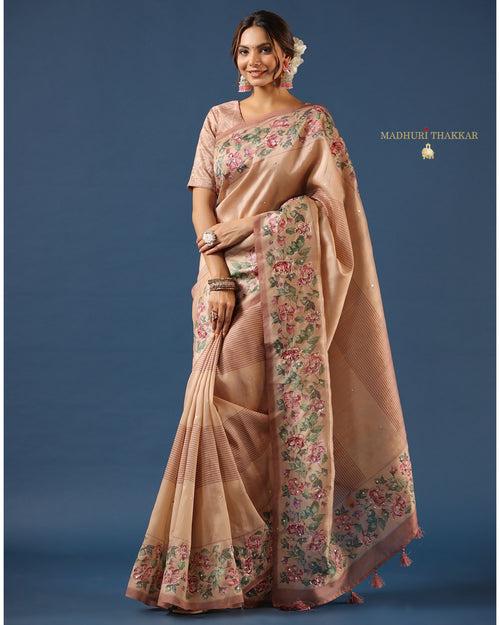 Mauve Tussar Saree With Handwork Floral Border