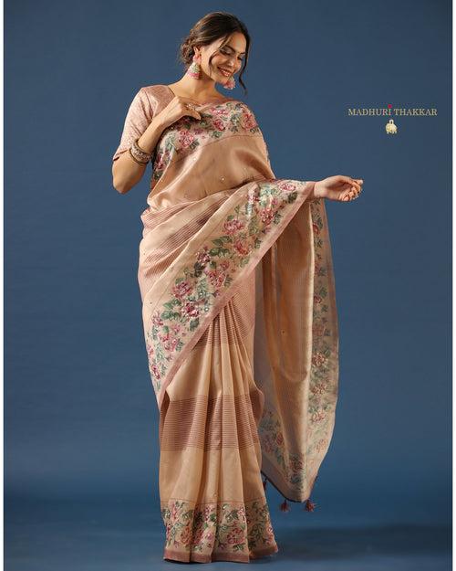 Mauve Tussar Saree With Handwork Floral Border