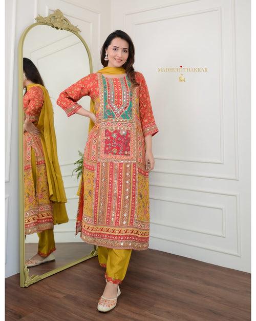 Red Yellow Gotapatti Handwork Muslin Suit