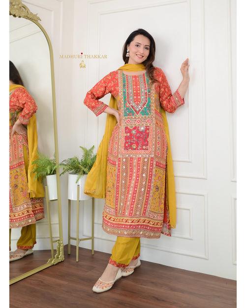 Red Yellow Gotapatti Handwork Muslin Suit