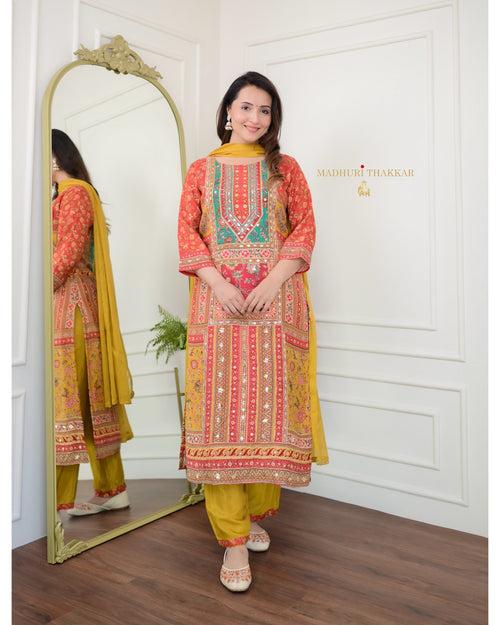 Red Yellow Gotapatti Handwork Muslin Suit