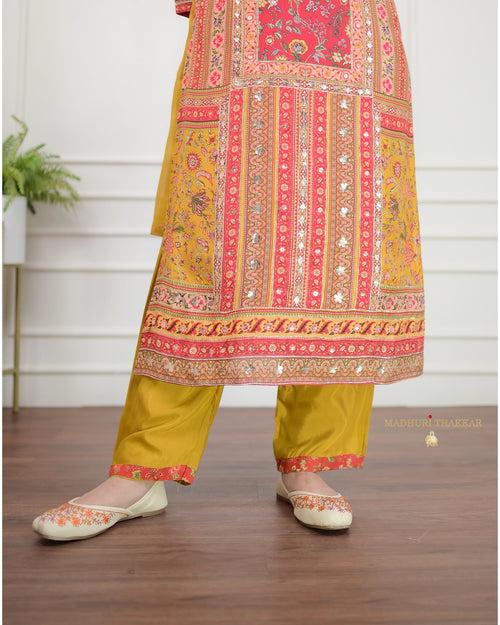 Red Yellow Gotapatti Handwork Muslin Suit