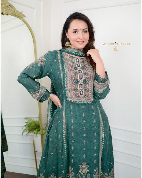 Green Pakistani Printed Muslin Anarkali Suit