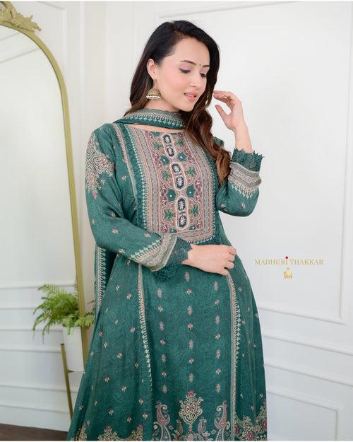 Green Pakistani Printed Muslin Anarkali Suit