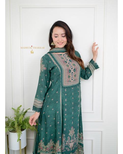 Green Pakistani Printed Muslin Anarkali Suit