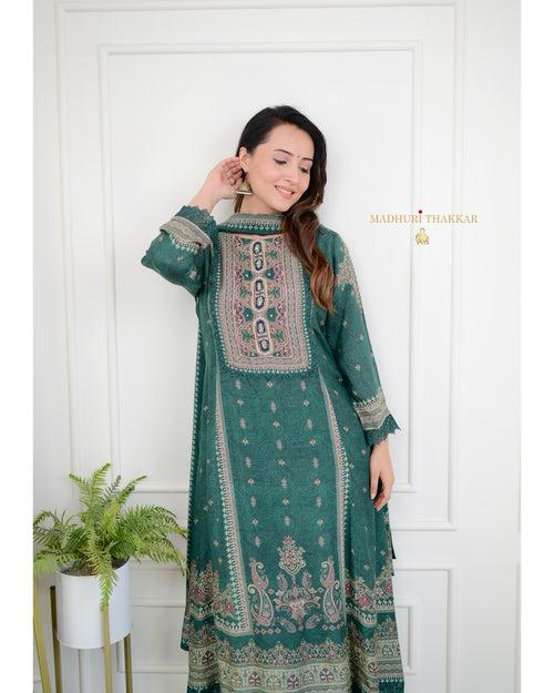 Green Pakistani Printed Muslin Anarkali Suit