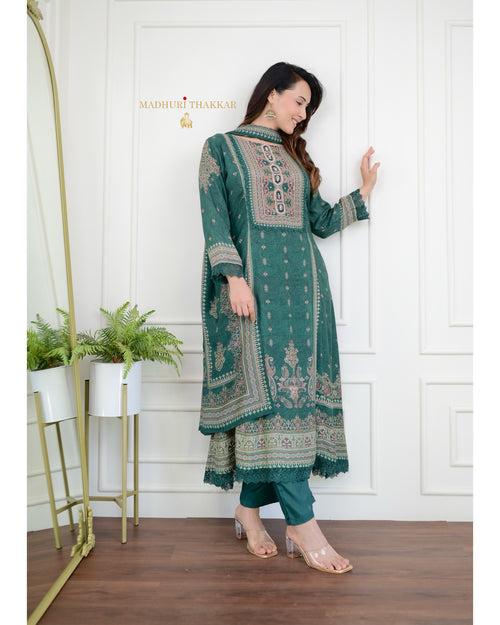 Green Pakistani Printed Muslin Anarkali Suit