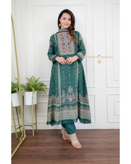 Green Pakistani Printed Muslin Anarkali Suit