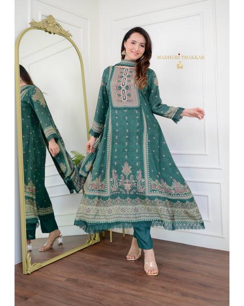 Green Pakistani Printed Muslin Anarkali Suit