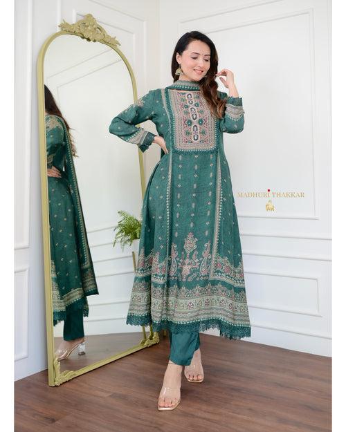 Green Pakistani Printed Muslin Anarkali Suit