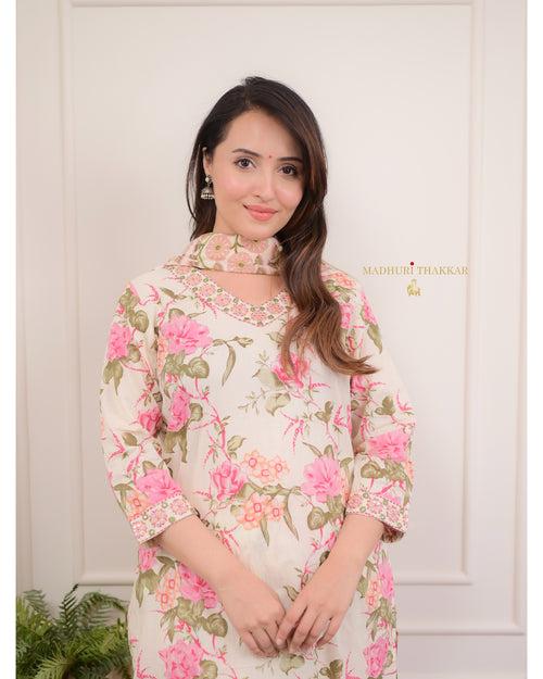 Ivory Floral Mul Cotton Afghani Suit