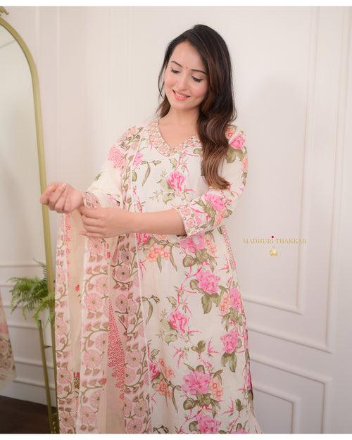 Ivory Floral Mul Cotton Afghani Suit