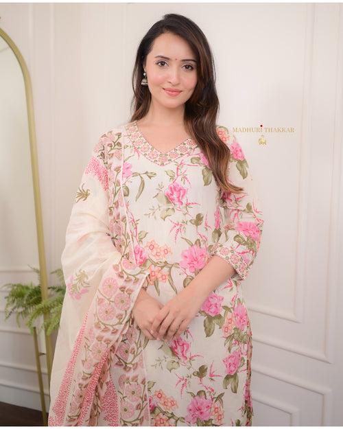 Ivory Floral Mul Cotton Afghani Suit