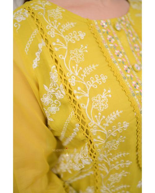 Yellow Threadwork Organza Suit