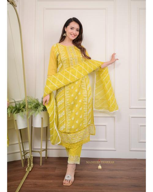 Yellow Threadwork Organza Suit