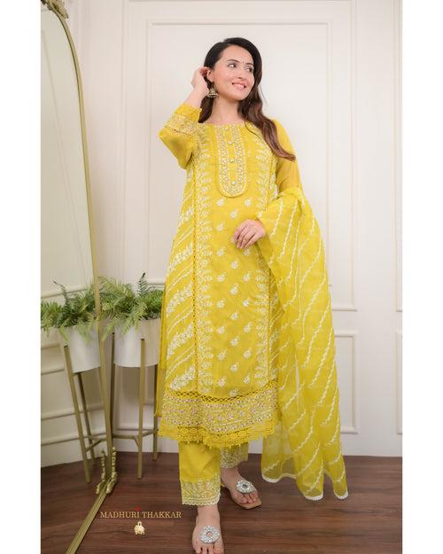 Yellow Threadwork Organza Suit