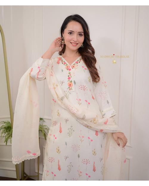 Ivory Linen Floral Suit