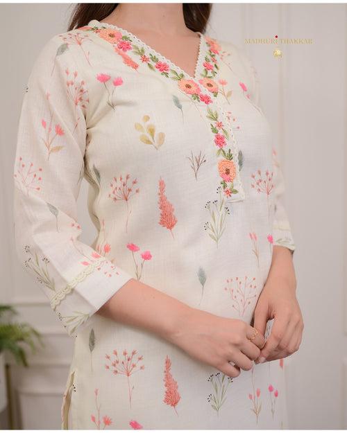 Ivory Linen Floral Suit