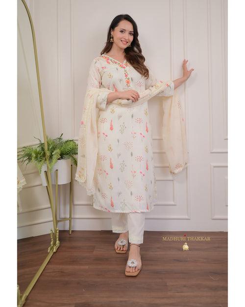 Ivory Linen Floral Suit