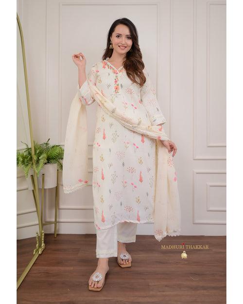 Ivory Linen Floral Suit