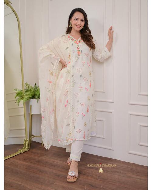 Ivory Linen Floral Suit