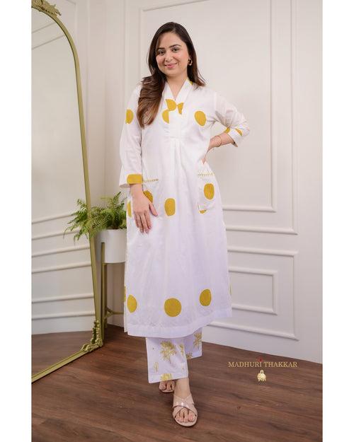 Ivory Yellow Mul Cotton Polka Dots Co-ord