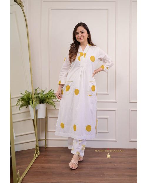 Ivory Yellow Mul Cotton Polka Dots Co-ord