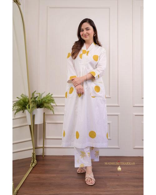 Ivory Yellow Mul Cotton Polka Dots Co-ord