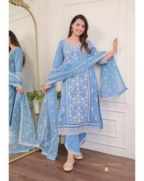 Powder Blue Threadwork V Neck Cotton Suit