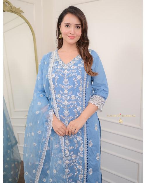 Powder Blue Threadwork V Neck Cotton Suit