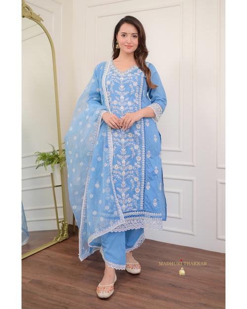 Powder Blue Threadwork V Neck Cotton Suit