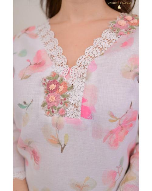 Ivory Pastel Floral Linen Threadwork Suit