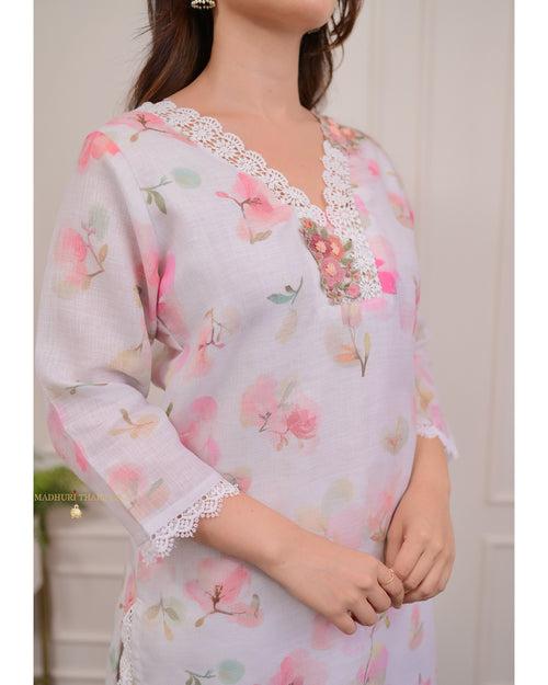 Ivory Pastel Floral Linen Threadwork Suit