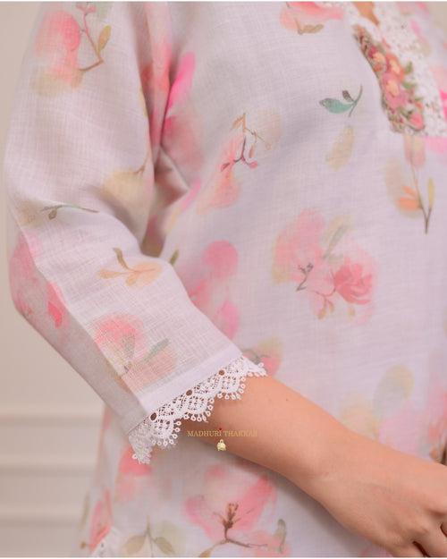 Ivory Pastel Floral Linen Threadwork Suit