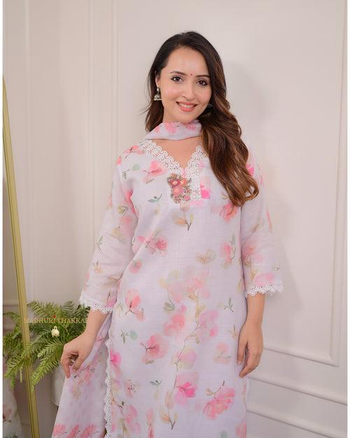 Ivory Pastel Floral Linen Threadwork Suit