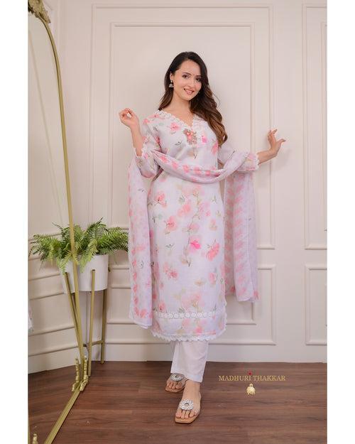 Ivory Pastel Floral Linen Threadwork Suit