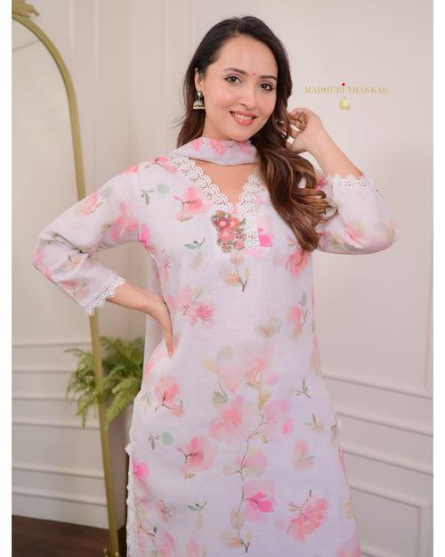 Ivory Pastel Floral Linen Threadwork Suit