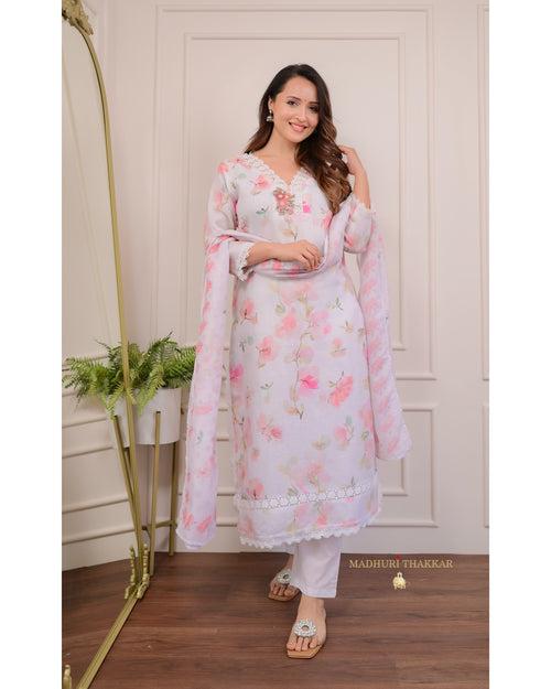 Ivory Pastel Floral Linen Threadwork Suit