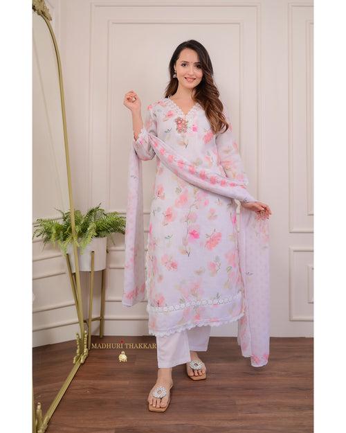 Ivory Pastel Floral Linen Threadwork Suit