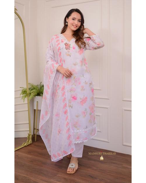 Ivory Pastel Floral Linen Threadwork Suit