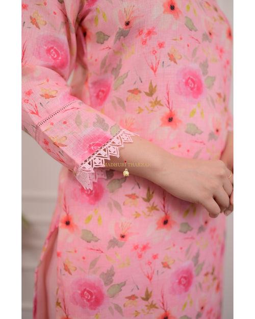 Pink Floral Linen Threadwork Suit
