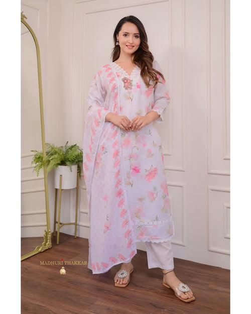 Ivory Pastel Floral Linen Threadwork Suit