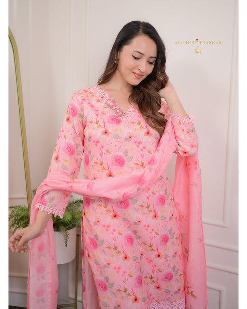 Pink Floral Linen Threadwork Suit