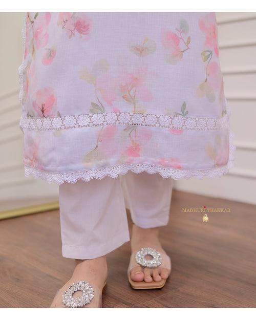 Ivory Pastel Floral Linen Threadwork Suit