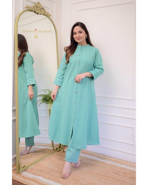 Turquoise A Line Cotton Kurta Set