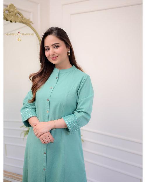 Turquoise A Line Cotton Kurta Set